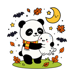 Cute Kawaii Panda Hugging a Friendly Ghost Halloween Illustration with Autumn Leaves, Crescent Moon, Bats and Stars, Flat Vector Cartoon Style on White Background © Muhamad