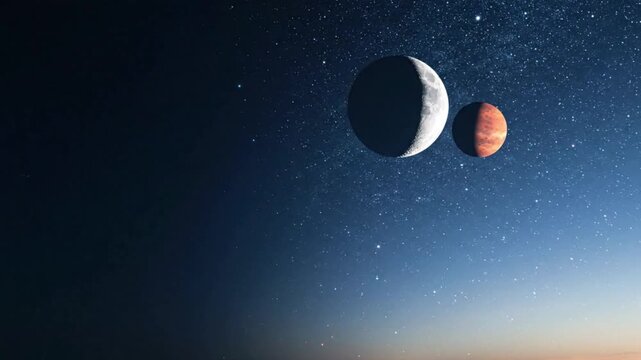 Cinematic Deep Space Planetary Conjunction of Crescent Moon and Exoplanet in Starry Night Sky