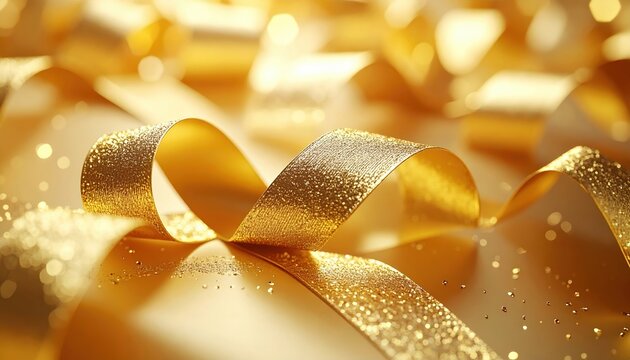 Golden decorative ribbon 3D Illustration flowing across a luxury gift wrapping scene