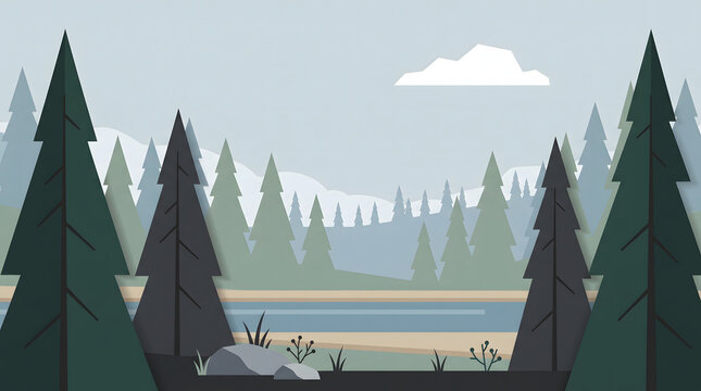 Flat vector illustration of a peaceful pine forest landscape with a calm river and cloudy sky
