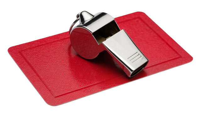 Shiny metal whistle on textured red card, isolated on transparent background