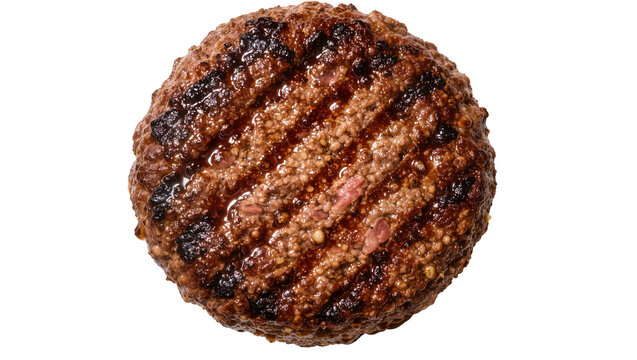 Juicy grilled beef burger patty with char marks, isolated on transparent background