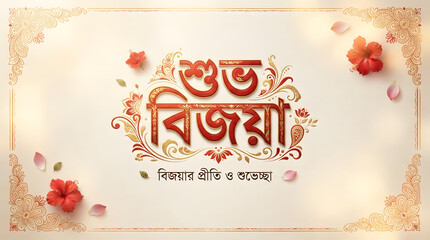 Fototapeta premium Shubho Bijoya Festive Greeting Card with Floral Accents.