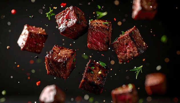 Diced grilled beef cubes floating in the air 3D Illustration on a dark culinary background