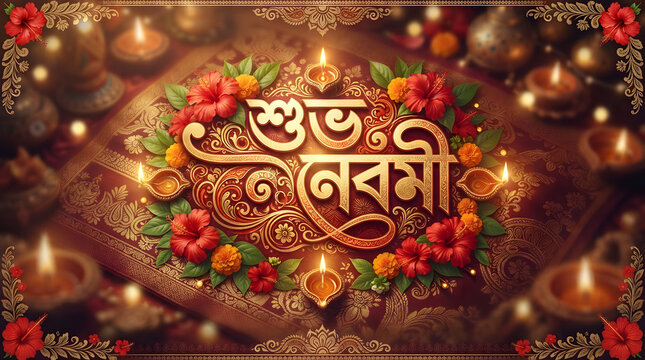Shubho Navami Festive Banner with Ornate Floral Border and Oil Lamps.