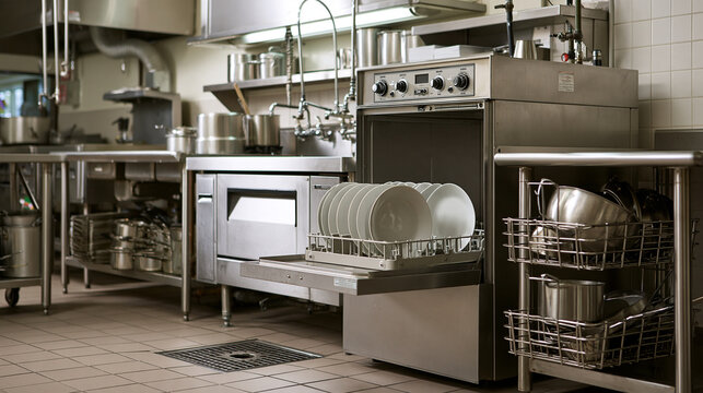 A rack of clean plates emerges from an open sanitizing dishwasher in a restaurant back-of-house wash station, opposite a separate rack of used cookware. This is a real commercial