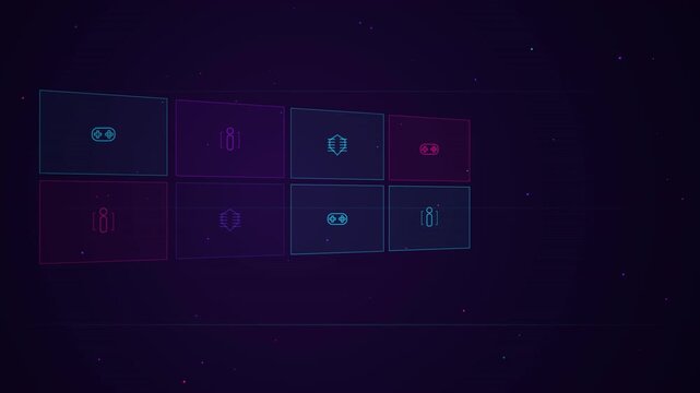 Futuristic Neon Grid with Gaming Icons and Abstract Particles