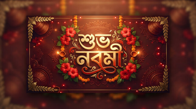 Shubho Navami Greeting Banner with Hibiscus Flowers and Traditional Lamps.