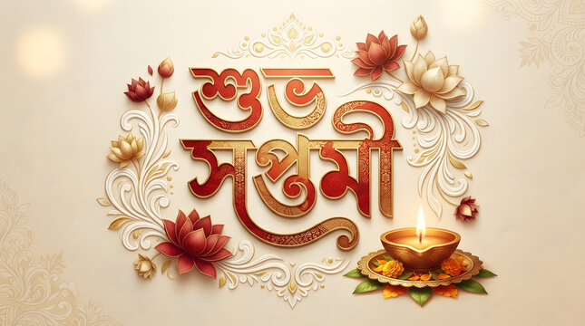 Shubho Saptami Bengali Durga Puja Greeting Card Design.