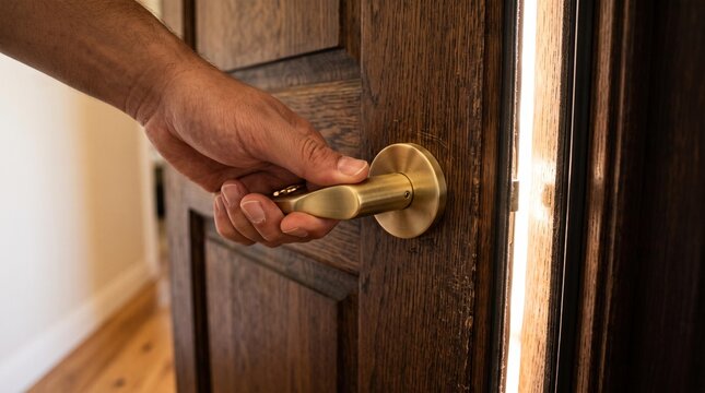 Hand turning brass lever handle on dark wooden door with sunlight entering through narrow opening in interior home entrance