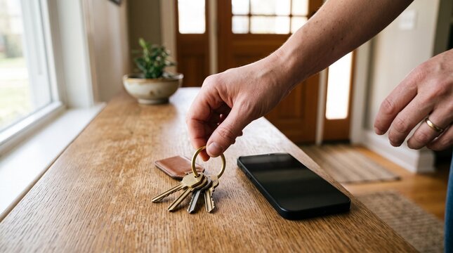 Hand placing house keys beside a smartphone on a wooden entryway table with bright windows and a welcoming home interior setting