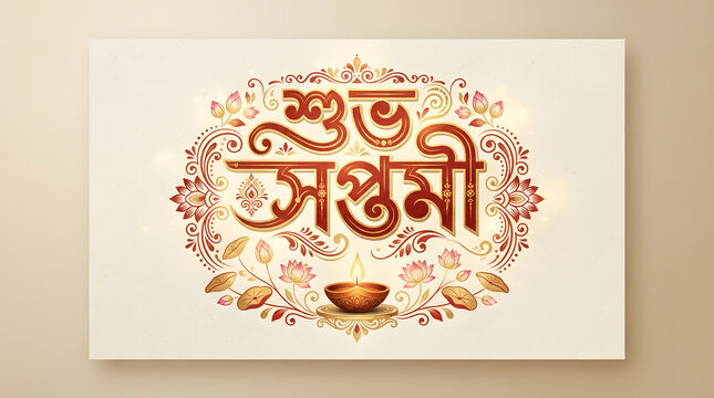 Shubho Saptami Durga Puja Greeting Card with Diya.