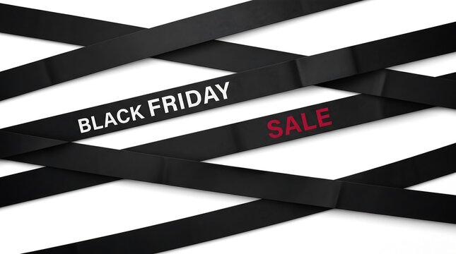 Black Friday Sale ribbon banner crossing on white background for retail discount promotion, shopping deal and ecommerce marketing design