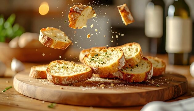 Garlic bread slices falling onto a wooden serving board 3D Illustration on a cozy Italian dinner table