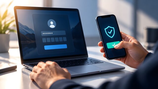 Two factor authentication and login security concept with user holding smartphone approving access to laptop account