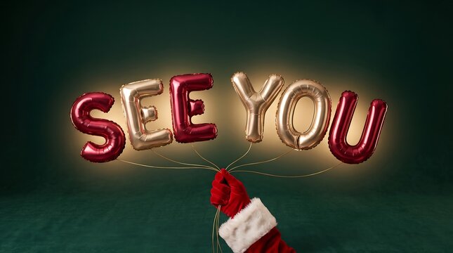Santa hand holding See You foil balloon letters for Christmas farewell message, holiday greeting and festive goodbye celebration