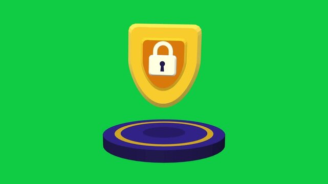 Cyber security shield 3D animation on green screen, protection concept with padlock and hexagon shield, minimalist premium looping motion graphic 4K