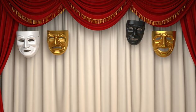 Theater comedy and tragedy masks 3D Illustration hanging above a classic stage