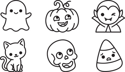 Fototapeta premium Cute Halloween icons set with ghost pumpkin vampire cat skull and cand
