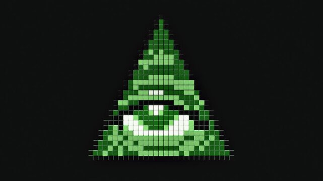 Blinking Eye in Green Pixel Pyramid Icon on Black Background
