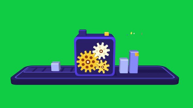 Data analytics dashboard 3D animation on green screen, data blocks pass through gears and become bar chart, business intelligence looping motion graphic 4K