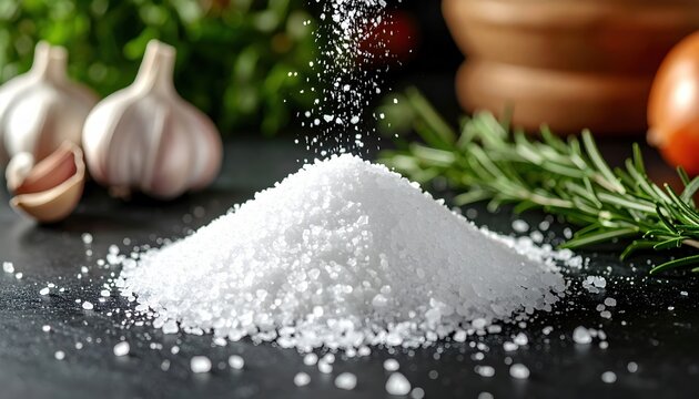 3D Illustration of coarse sea salt pouring onto a dark kitchen countertop beside rosemary, garlic, and fresh vegetables.