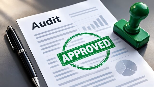 Official corporate audit document stamped with green approved mark beside a signing pen