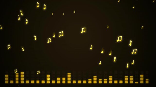 Golden musical notes dancing over equalizer bars
