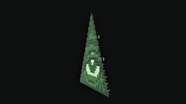 Spinning Voxel All Seeing Eye Pyramid in Green Pixels on Black