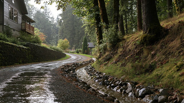 A rock-lined diversion channel carries runoff around a hillside home in a rural hillside neighborhood after rainfall. This authentic documentary photograph is an architectural
