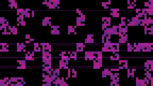 Magenta digital macroblock glitch mosaic on black video