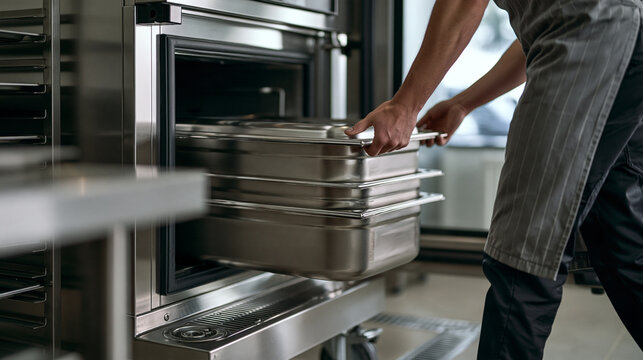 An adult kitchen worker rolls covered stainless food pans into an open blast chiller in a restaurant preparation kitchen. This real commercial photograph uses a three-quarter