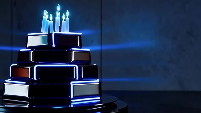 Futuristic tiered black cake with glowing blue edges and four lit candles rotating slowly on a round platform in a dark studio setting