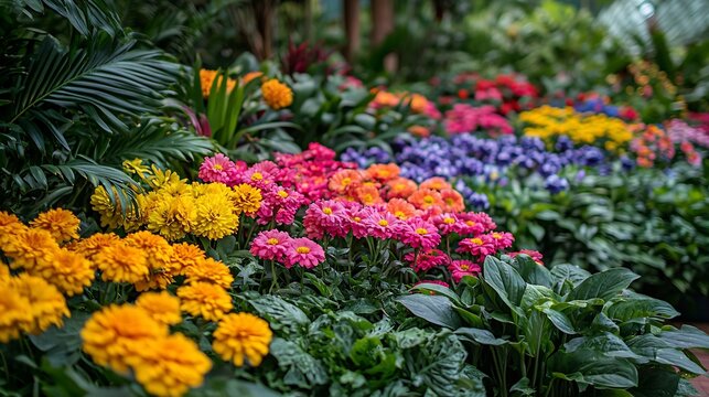 Rows of Vibrant Marigold and Zinnia Flowers in a Lush Garden Setting