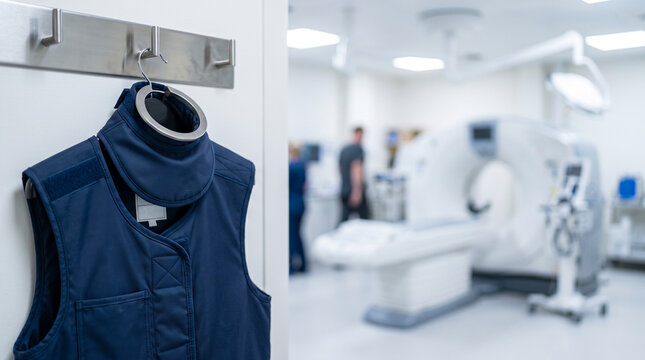 Radiation protection lead apron hanging near CT scanner, radiology safety and medical diagnostics