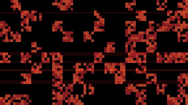 Red digital macroblock glitch mosaic on black video