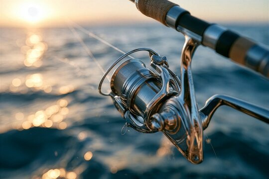 Fishing reel and line at sunset over ocean water
