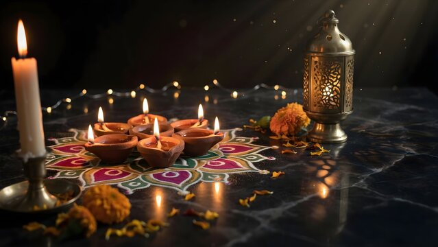 Premium Choti Diwali Greeting Background with Diyas Lantern and Rangoli Art