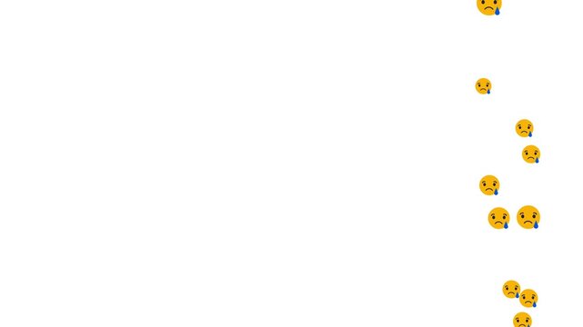 Crying sad face and weeping emoticons floating upwards streaming overlay animation loop on clean white background 4K