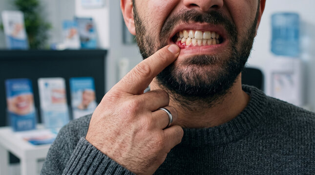 Man pointing at bleeding gums in dental clinic, gingivitis treatment and oral hygiene care