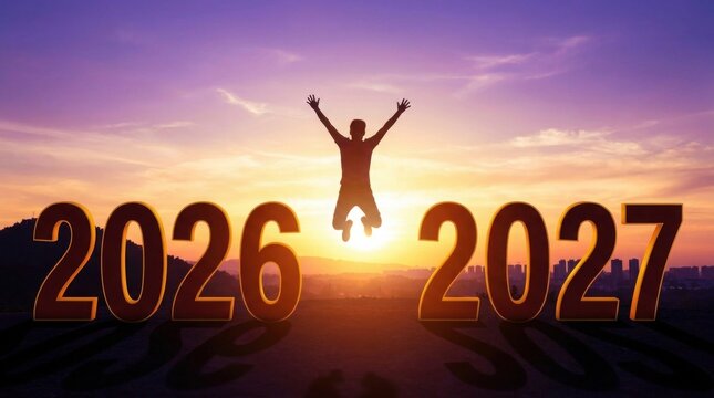 Person jumping with arms raised during sunset between years 2026 and 2027