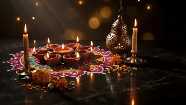 Luxurious Choti Diwali Rangoli Scene Featuring Clay Oil Lamps and Lantern