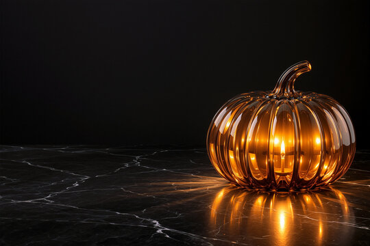 Glowing Glass Pumpkin Lantern with Candle Light on Dark Marble Table against Black Background