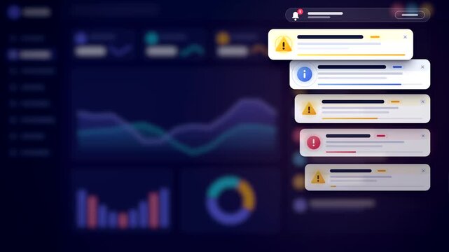 Stacked app notification toasts sliding in with warning, error and info alerts, flat 2D UI over blurred dashboard background, countdown progress bars, seamless loop