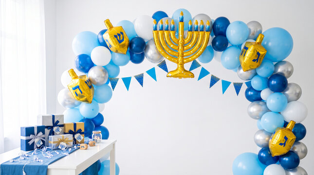 Hanukkah balloon arch with menorah and dreidels, Jewish holiday celebration and winter festival