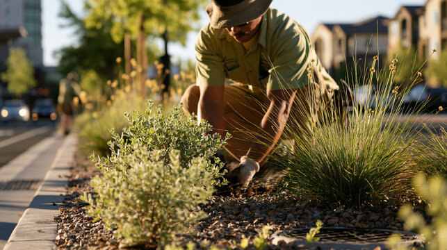 An adult municipal gardener plants a drought-tolerant shrub in an urban roadside median. This real commercial photograph is an environmental wide shot at eye level from a distant