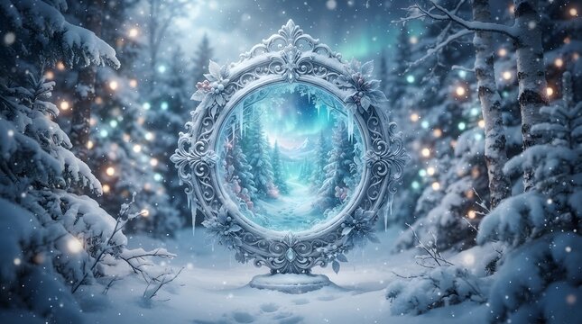 Ornate magical mirror standing in a snowy winter forest with glowing fairy lights and bokeh