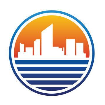 City skyline with buildings and a setting sun, logo design vector.