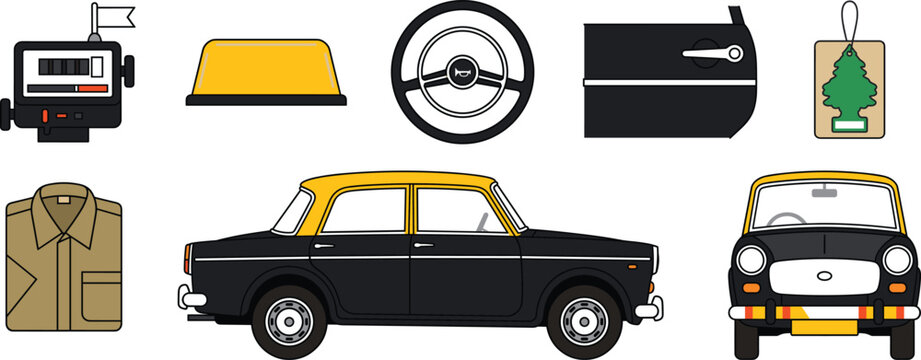 Mumbai kaali peeli taxi element set with premier padmini cab meter roof sign steering wheel and driver uniform vector
