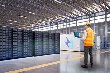 Engineer work at data center with energy storage systems or battery container units